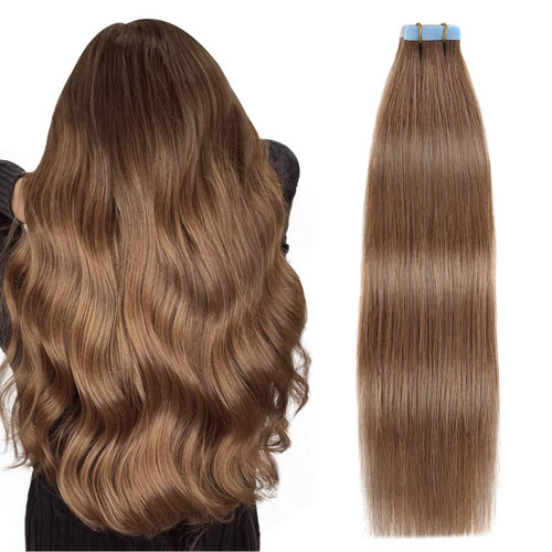 SUYYA Tape in Hair Extensions Human Hair Chestnut Brown 100% Remy Human Hair 40g/pack 20pcs Straight Seamless Skin Weft Tape Real Hair Extensions(16 inches #6 Medium Brown)
