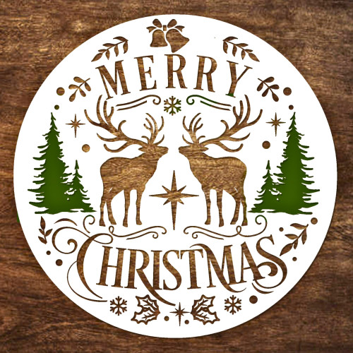 Large Merry Christmas Stencil for Painting on Wood, Round Paint Stencils for Crafts, Holiday Stencils for Wood Signs - Merry Christmas Stencil Reusable with Deers, Trees (12 inch)