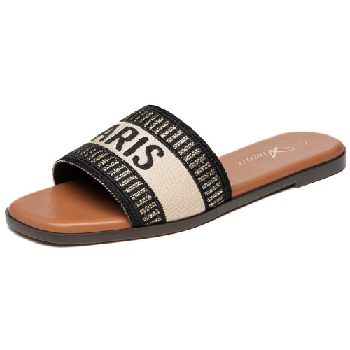 Athlefit Women's Slip On Flat Sandals Summer Embroidered Square Open Toe Black Gold Slide Sandals Size 7.5