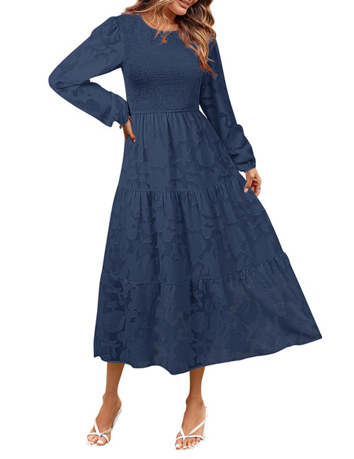 MEROKEETY Women's Boho Long Puff Sleeve Crewneck Smocked Dress Floral Swing A-Line Midi Dresses,Navy,XL