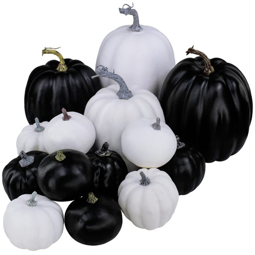 Winlyn 14 Pcs Assorted Sizes Artificial Black and White Pumpkins Decorative Pumpkins Foam Pumpkins Faux Halloween Pumpkins for Gifts Fall Halloween Table Centerpiece Mantel Decor DIY Craft Project