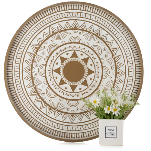 Hanobe Round Decorative Coffee Tray: Rustic Table Tray Decor 18" Farmhouse Centerpiece Wood Circle Tray Wooden Serving Trays for Kitchen Counter Boho Ottoman Tray for Home, Brown