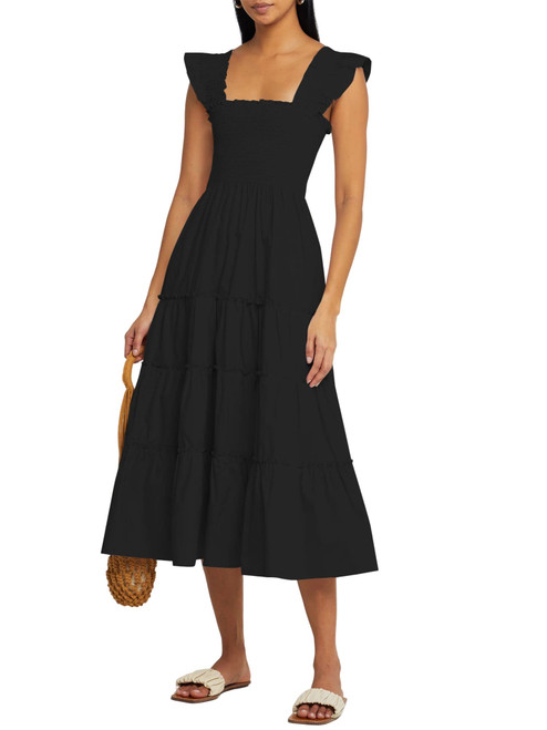 ZAFUL Women's Midi Dress Square Neck Smocked Ruffle Sleeveless Tiered Casual Sundress Black