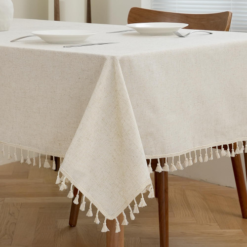 Cream Linen Tablecloths for Rectangle Tables Burlap Textured Fabric Rustic Farmhouse Faux Linen Table Cloth with Tassel for Kitchen Dining Wrinkle Free Indoor Outdoor Boho Home Decoration, 55x86 inch