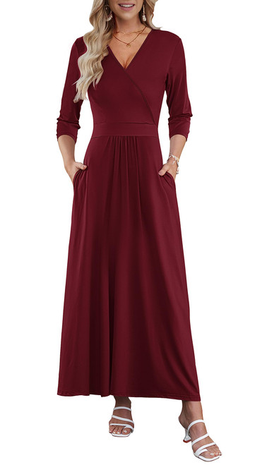 WNEEDU Women's 3/4 Sleeve V Neck Casual Long Maxi Dresses with Pockets Burgundy