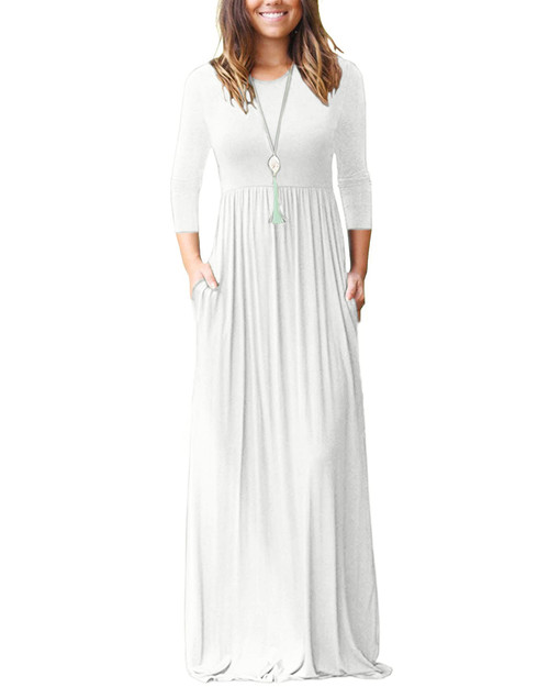 WNEEDU Women's 3/4 Sleeve Solid Color Loose Solid Casual Plus Size Long Maxi Dresses with Pockets (3XL, White)