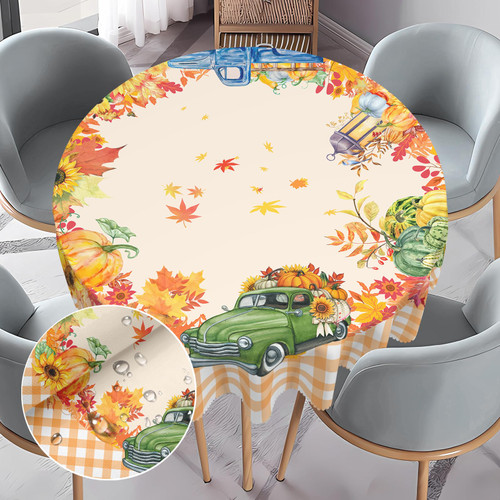 Fall Thanksgiving Tablecloth Round 60 Inch, Autumn Harvest Pumpkin Sunflower Farmhouse Decor Tablecloth, Washable Stain Resistant Maple Leaf Table Cover for Dinner Picnic, Party, Patio, Camping