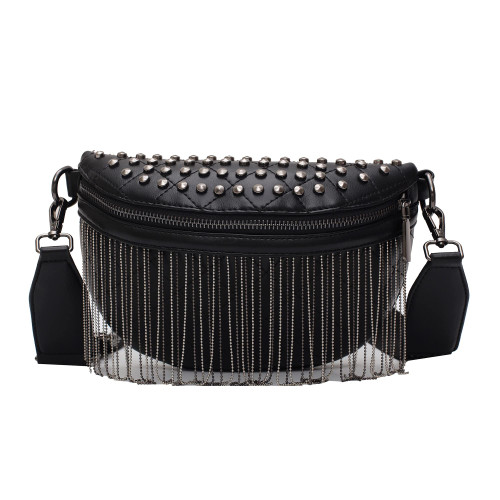 GLT.ETL Fanny pack Chest Bag For women Faux leather Fringe Quilted Waist Cross body Bags Rivet studded Tassel Shoulder Purses (Black)