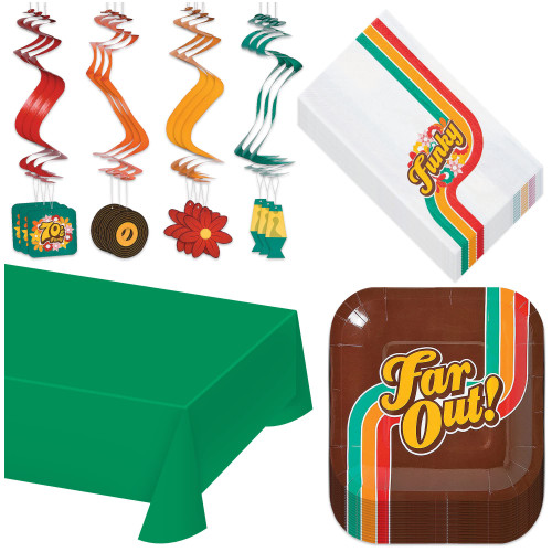 70's Decades Party Paper Dessert Plates, Napkins, Table Cover, and Hanging Cutouts (Serves 16) 70's Decades Party Paper Dessert Plates, Napkins, Table Cover, and Hanging Cutouts (Serves 16)