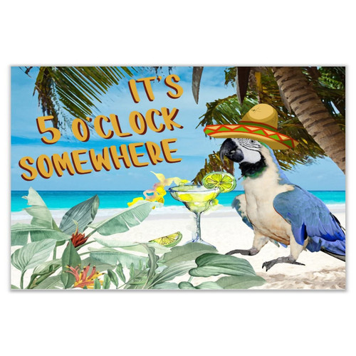 Autravelco It's Five O'clock Somewhere Wooden Signs Personalized Indoor Table Decor Wooden Plaque Sign Painted Beach Vacation Drinking Parrot Wood Wall Sign for Kitchen Bathroom 12x18 Inch