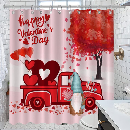 Valentine's Day Gnome Red Truck Shower Curtain Love Heart Balloon Pink Bath Curtain Home Bathroom Decorations Polyester Fabric Water Repellent Bathroom Shower Curtain with Rustproof Hooks 72x78