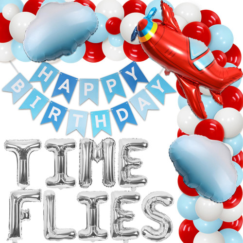 Wonmelody Airplane Birthday Party Decorations Time Flies Airplane Party Decorations Vintage Jet-Cloud Garland kit Happy Birthday Banner Red Airplane and Cloud Sky Theme Party Decors for 1st 2nd Kids