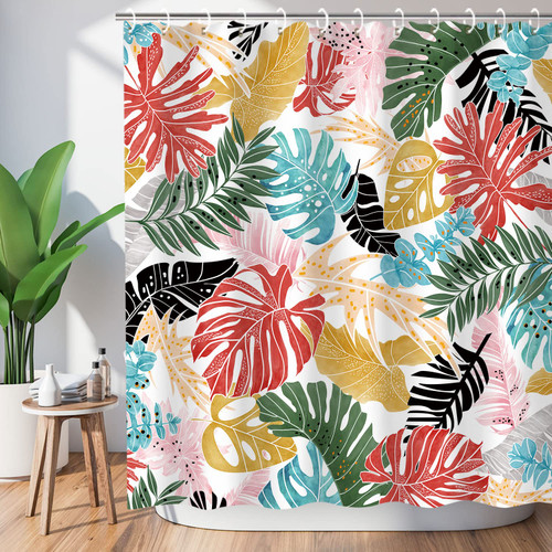 LIVILAN Tropical Shower Curtain Monstera Shower Curtain Leaf Shower Curtain Plant Colorful Palm Banana Leaves Shower Curtain Hooks, Green Pink Botanical Jungle Bathroom Decor, 72" x 78" Inch