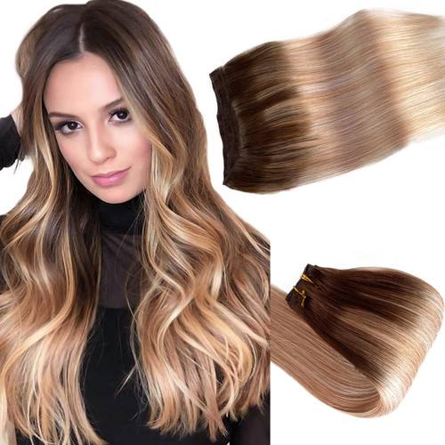 Sew In Hair Extensions Real Human Hair Blonde Hair Extensions with Light Brown Roots Hair Hand Tied Weft Hair Extensions Mix Platinum Gray Highlights Human Hair Sew In 14 Inch 80G