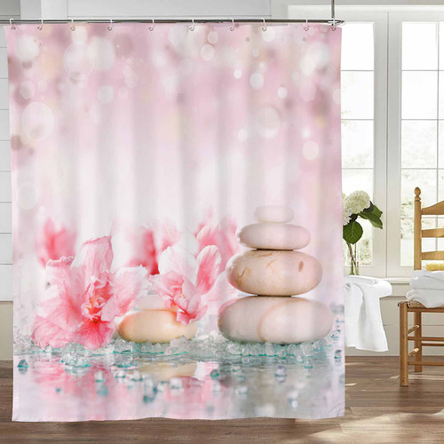 Beynepe Zen Shower Curtain Pink Flower Stone Spa Relaxing Meditation Shower Curtain Home Bathtub Pink Bathroom Decor Waterproof Polyester Fabric with Hooks 60''X72''