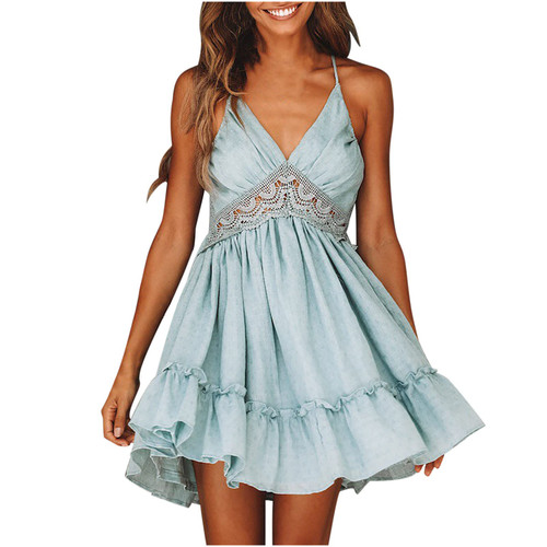 Frostluinai Women V-Neck Sling Backless Lace Skirt Solid Hollow Sleeveless Fashion Dress Blue Frostluinai Women V-Neck Sling Backless Lace Skirt Solid Hollow Sleeveless Fashion Dress Blue