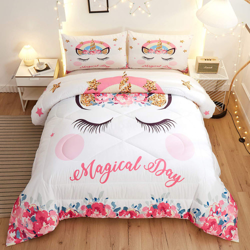Namoxpa Cute Flower Unicorn Kids Bedding White Pink Golden Ears Unicorn 3 Pieces Bedding Comforter Sets Gifts for Teens and Girls,Queen Size