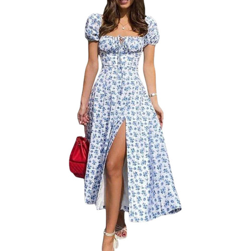 Women's Boho Floral Print Summer Dress Square Neck Puff Sleeve Split A Line Maxi Dress Casual Vintage Ruched Long Dress (Light Blue, Small) Women's Boho Floral Print Summer Dress Square Neck Puff Sleeve Split A Line Maxi Dress Casual Vintage Ruched Long Dress (Light Blue, Small)