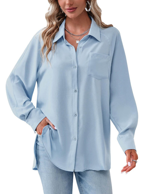 Cicy Bell Women's Button Down Shirts Long Sleeve Loose Fit Collared Tops Casual Work Blouses with Pocket Sky Blue