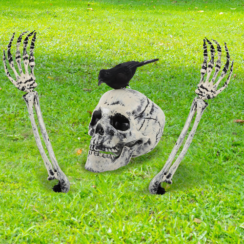 YQNLIFA Realistic Skeleton Stakes and Crow Halloween Decorations, Scary Skull Head Skull Arms Groundbreakers and Crow Halloween Decorations for Indoor Outdoor Garden Graveyard Lawn Yard Party