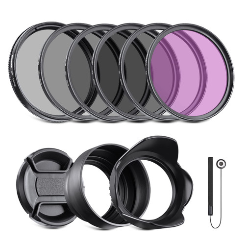 NEEWER 82mm ND Filter Kit and Lens Accessories, ND2 ND4 ND8 UV FLD CPL(Circular Polarizing) Filter Set with Lens Cap/Tulip Shaped Lens Hood/Collapsible Rubber Lens Hood