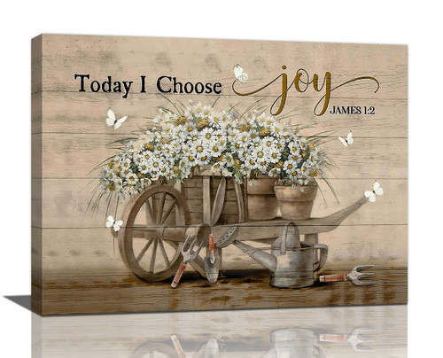 Farmhouse Daisy Wall Art Garden Today I Choose Joy Pictures Wall Decor Kitchen Canvas Prints Framed Modern Flowers Trolley Painting Artwork for Bathroom Bedroom Living Room Dining Room Office 16"x12"
