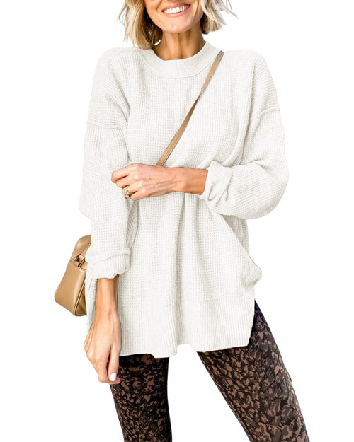 Zbyclub Womens Casual Crew Neck Waffle Knit Tunic Sweater Side Split Long Sleeve Pullover Sweaters Basic Jumper Tops White