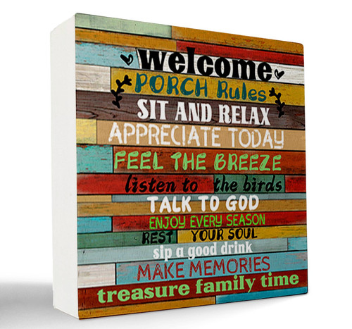 kunlisa Porch Rules Welcome Wooden Box Sign Desk Decor,Rustic Wood Block Plaque Box Sign for Home Patio Garden Cubicle Wall Shelf Tabletop Decoration,Housewarming Gifts,Gifts for Porch Lovers
