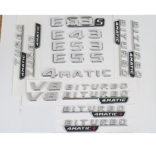 Flat Chrome Shiny Silver Rear Trunk Fender Letters Number Badges Emblems for E43 E63 E55 AMG V8 BITURBO 4MATIC (Chrome,E63s)