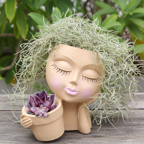 LTSUMI Face Flower Pot Head Planter Succulent Pot Planter Cactus Planter Unique Cute Resin Planter Pot for Indoor Outdoor Plants with Drainage Hole(Double Pots)