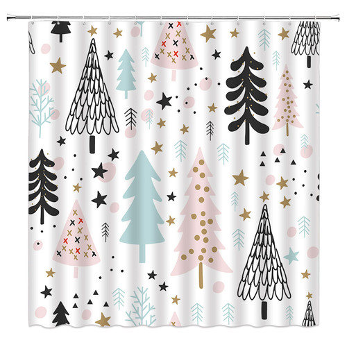 GCTNBJL Merry Christmas Shower Curtain Xmas Tree Snowflake Star Pine Tree Forest Winter Holiday Featival Rustic Cartoon Bathroom Curtain with Hooks,Pink Blue Black