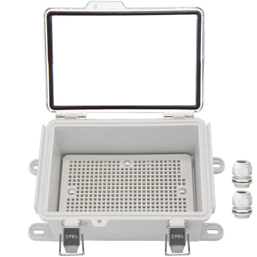 Zulkit Junction Box,IP67 Waterproof Electrical Box Hinged Clear Cover Stainless Steel Buckle Plastic Project Enclosure w Mounting Plate Wall Bracket and 2 Cable Gland 6.9"x4.9"x3.5"/175x125x90mm