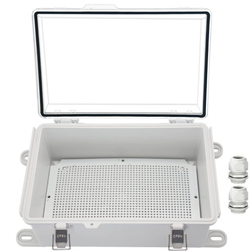 Zulkit Junction Box,IP67 Waterproof Electrical Box Hinged Clear Cover Stainless Steel Buckle Plastic Project Enclosure w Mounting Plate Wall Bracket and 2 Cable Gland 11"x7.5"x5.1"/280x190x130mm