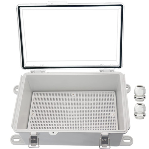 Zulkit Junction Box,IP67 Waterproof Electrical Box Hinged Clear Cover Stainless Steel Buckle Plastic Project Enclosure w Mounting Plate Wall Bracket and 2 Cable Gland 11.8"x7.9"x5.1"/300x200x130mm