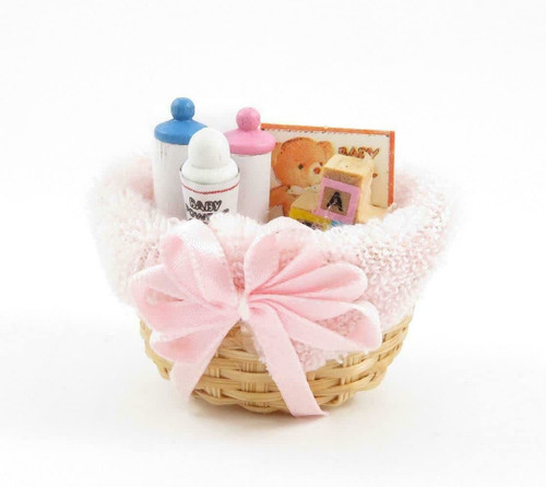 Melody Jane Dolls Houses Dollhouse Baby Products in Wicker Basket Pink Miniature 1:12 Nursery Accessory