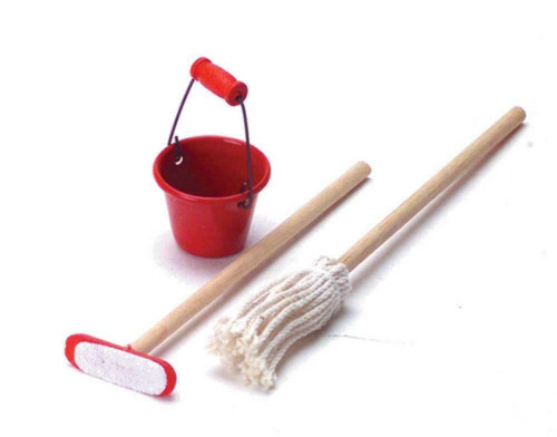 Dollhouse Bucket Mop & Broom Miniature Kitchen Cleaning Accessory