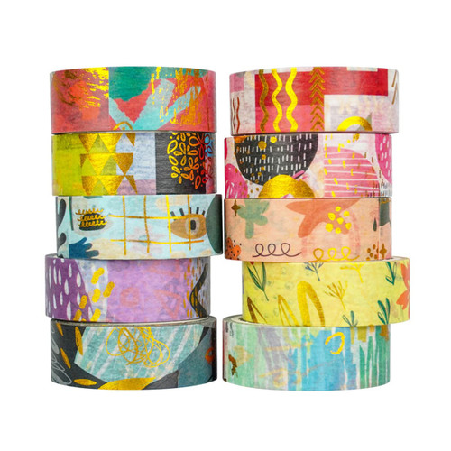 Baijixin Gold Foil Washi Tape Set 10 Rolls - 15mm Geometric Pattern Washi Masking Tape Decorative Tape for Bullet Journal, Planner, DIY Arts & Crafts, Scrapbooking, Gift Wrapping, Holiday Decoration