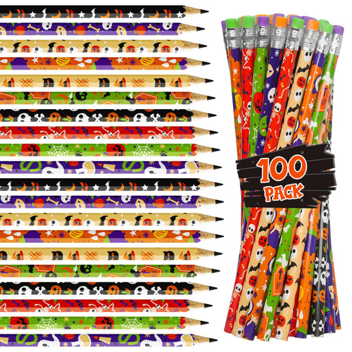 100 Pcs Halloween Pencil Assortment with Eraser, Colorful Wood Pencils in Halloween Design, Halloween Party Favors for Kids, Trick or Treat, Halloween Goodies Bags Filler, Game Prizes Classroom Reward