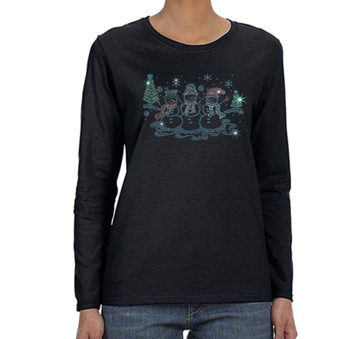 XtraFly Apparel Women's 3 Snowman Rhinestone Studs Winter Christmas Long Sleeve T-Shirt Black