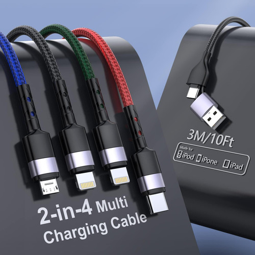 Quanlex Multi Charging Cable 3M/10FT, 4 in 2 USB C Multi Charging Cable Nylon Braided Fast Charging Cord with Lightning*2+Type C+Micro USB Connectors Universal Sync Charger Adapter for Phone