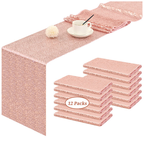 12 Pack Rose Gold Table Runner 12''x72'' Sparkly Glitter Rose Gold Table Runner for Rectangle Table for Wedding/Party/Event/Engagement/Party Supplies Decorations(Rose Gold)