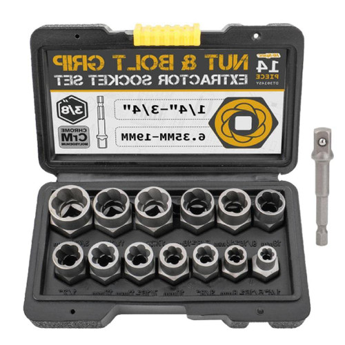 14 Pcs Metric & Imperail Bolt & Nut Remover Set Cr-Mo Steel Bolt Remover Tool 3/8 In Drive 6.35-19mm Bolt Extractor Tool Bolt Extractor Socket Set Metric Broken Bolt Extractor Kit Stripped Bolt Set