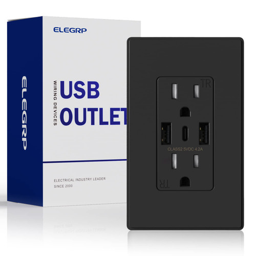 ELEGRP USB Wall Outlets, 3-Ports USB C Wall Outlets Receptacles, Matte Black 15 Amp Outlets with USB Ports, TR Tamper-Resistant USB Outlets, Screwless Wall Plate Included, UL & CUL Listed, 1 Pack