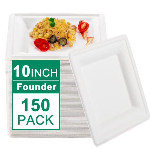 Morejoy 150PCS Compostable Paper Plates 10Inch,Heavy Duty Biodegradable Paper Plates,Eco Friendly Disposable Square Bagasse Plates, White 10Inch 100% Natural Sugarcane Plates for Party,BBQ,Picnic