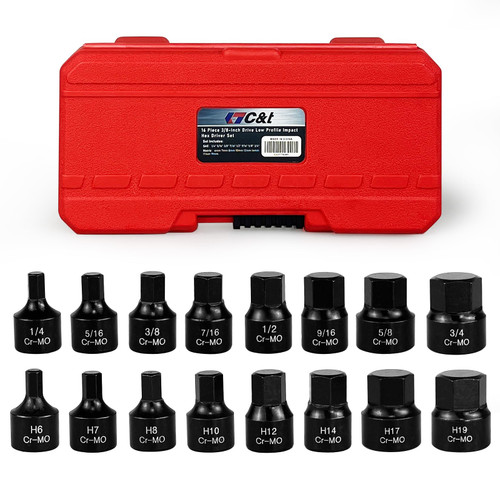 C&T 16 Piece 3/8-Inch Drive Low Profile Impact Hex Driver Set,SAE/Metric,1/4 Inch - 3/4 Inch, 6mm - 19mm, Cr-Mo Steel, Hex Bit Socket Set, Heavy Duty Storage Case