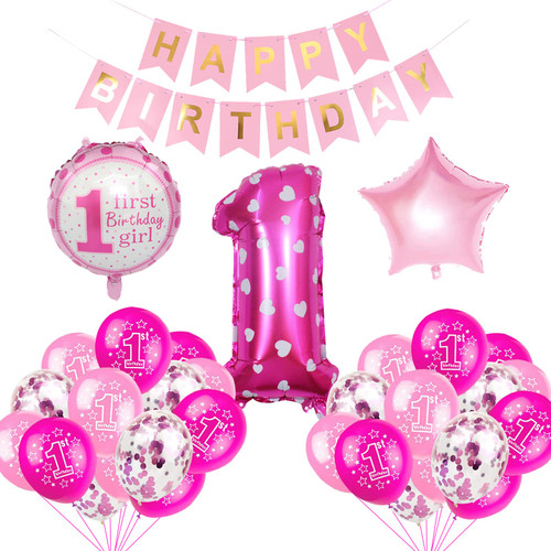 1st birthday balloons decoration set for Girl,Pink and Confetti balloons,Foil balloons HAPPY BIRTHDAY Banner for baby girl's 1st birthday party