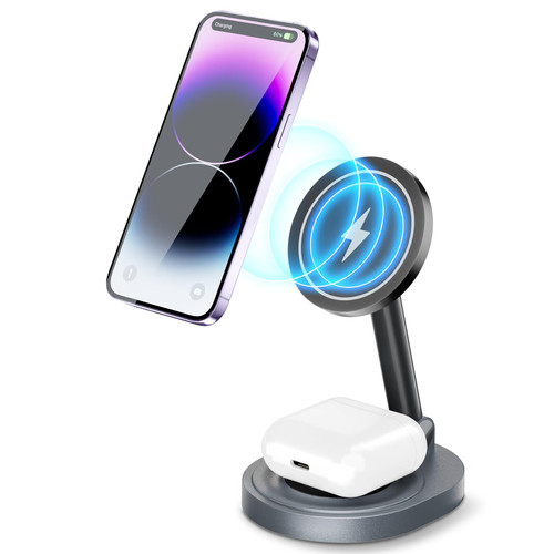 2 in 1 Foldable Magnetic Wireless Charger, 15W Fast Charging Mag-Safe Charger Stand for iPhone 15/14/13/12 Series, Portable Wireless Charging Station for AirPods 3/Pro/2 (with QC3.0 Adapter)
