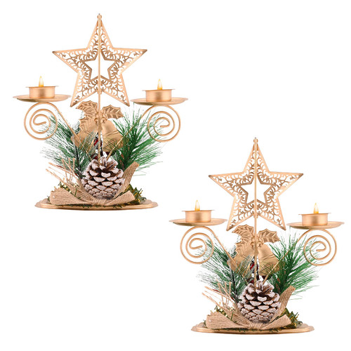Set of 2 Christmas Candle Holders Gold Christmas Centerpiece with Star Pinecones Red Berries Iron Metal Pillar Candlestick Table Decorations for Xmas Holiday Wedding Party Tabletop Desk Ornament