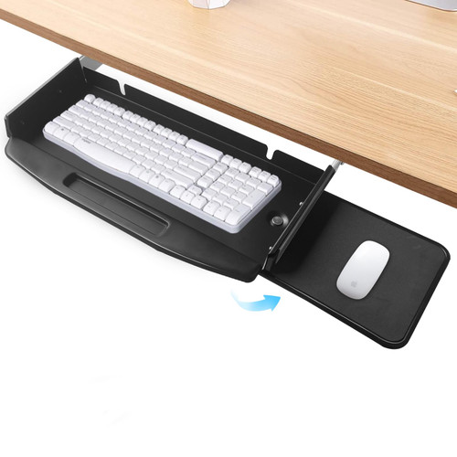 28"Wx10"D Under Desk Mounted Keyboard Tray with Mouse Platform Steel Keyboard Tray Under Desk Slide with Rotational Mouse Platform, Black Keyboard Drawer Desk Extender