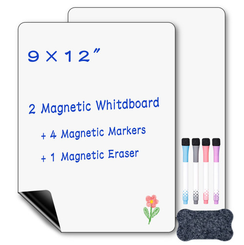 2PCS Magnetic Dry Erase Whiteboard for Fridge,Magnetic Dry Erase Board Sheet with 4 Dry Erase Marker and 1 Eraser, Magnetic Whiteboard for Fridge, Magnetic Dry Erase Board(12" x 9")